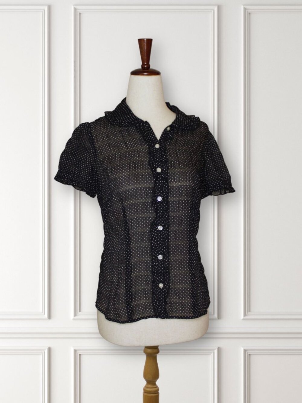 LOFT Black Sheer Polka Dot Short Sleeve Button Down Blouse Size 4P